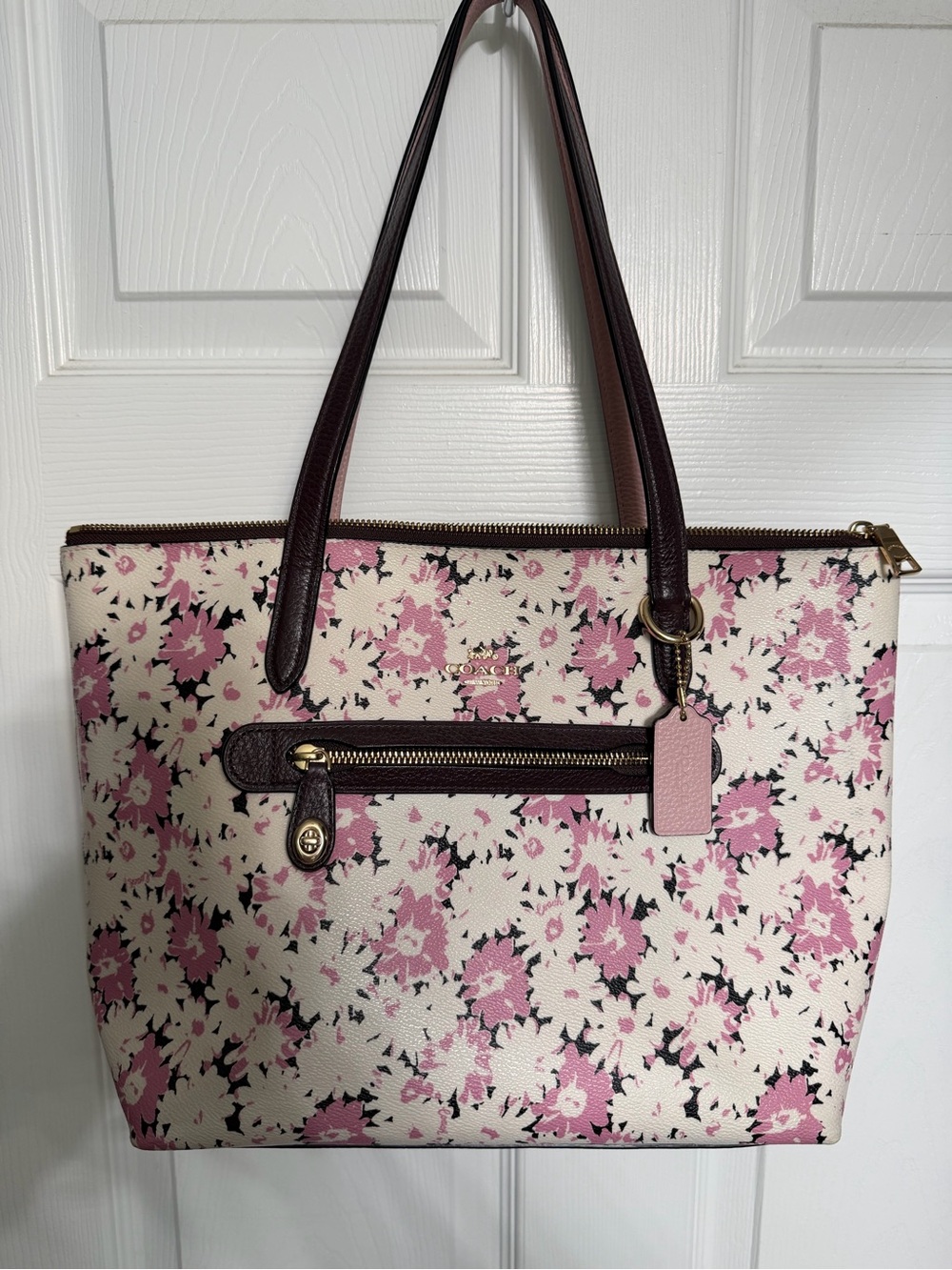 Coach Pink and Cream Floral Zip-Top Tote with Brown Straps